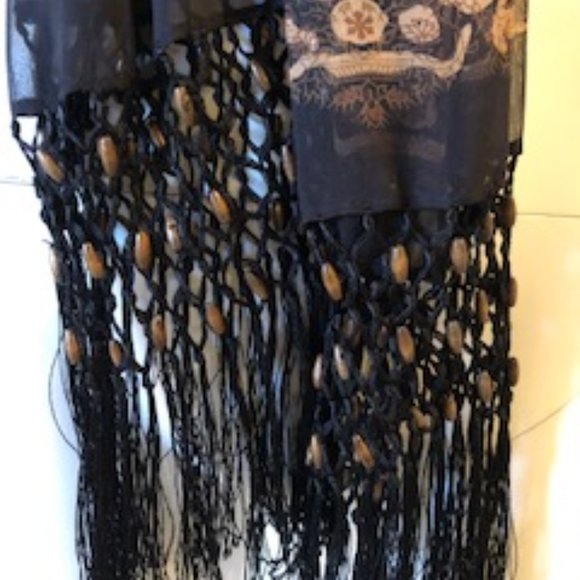 Echo Fringed 100% Silk Wrap/Scarf Brown+Tan Sz OS - Picture 2 of 5